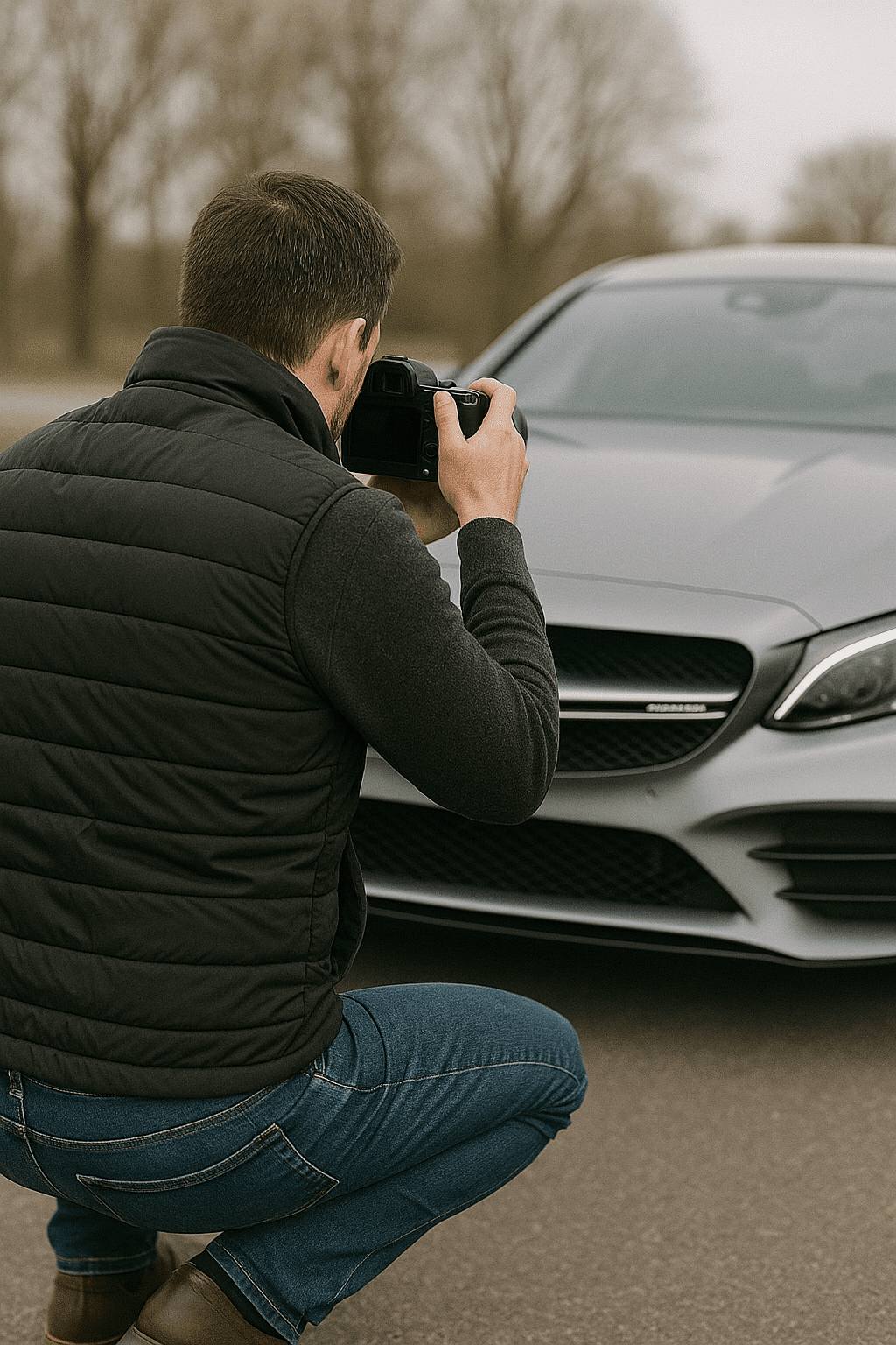 Fotograf macht Nahaufnahme eines Autos im Freien